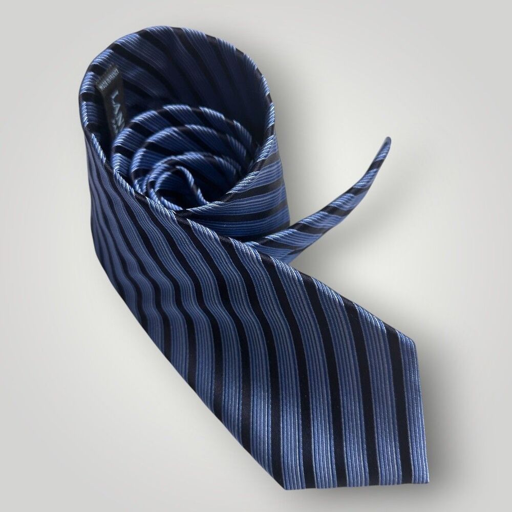 LANVIN Silk Tie Geometric 100% Silk Necktie Striped Blue/Navy Made in France